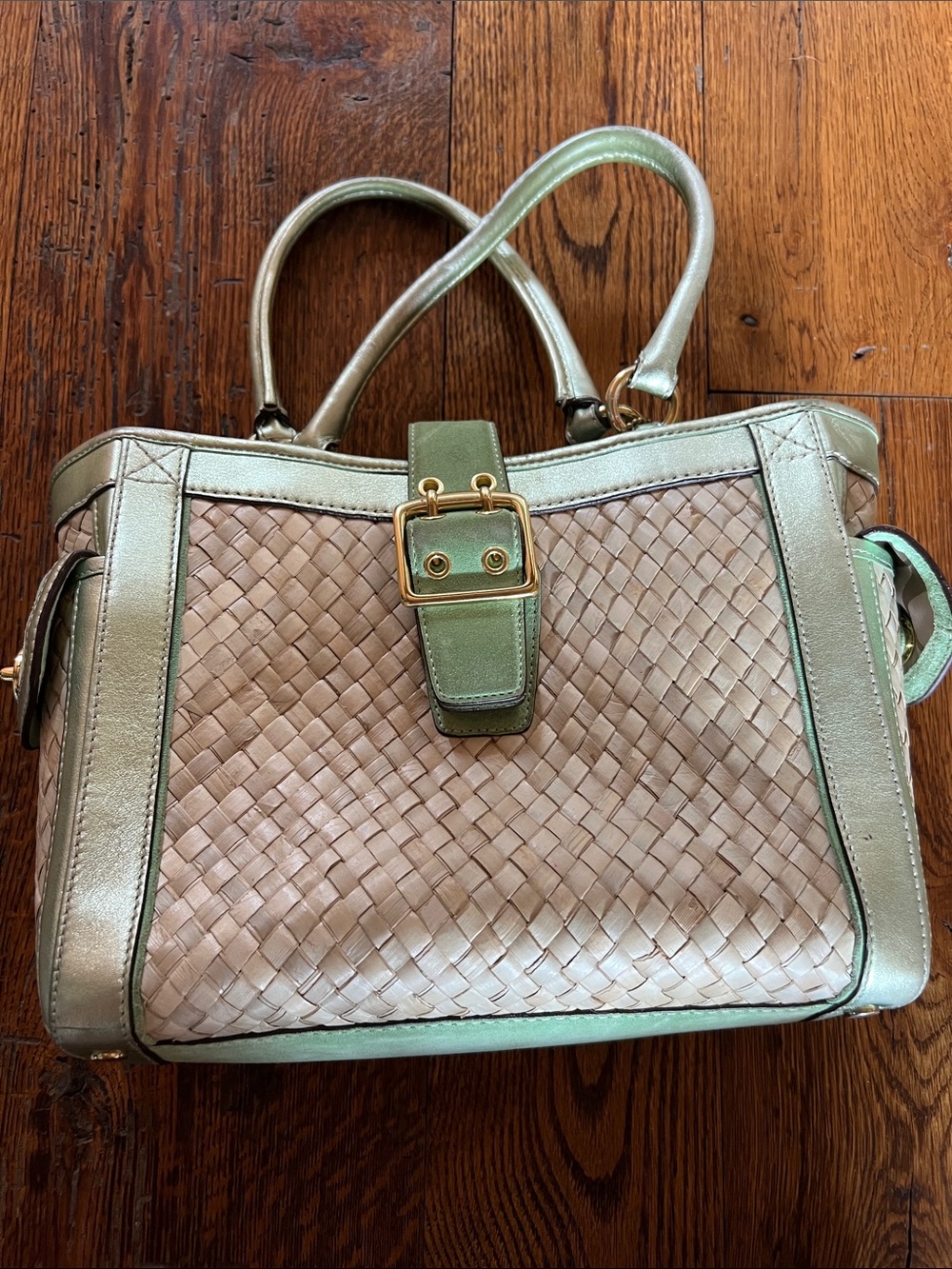 Coach Woven Leather Satchel Tote | Metallic Sage Green | Authentic